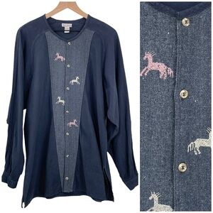Womens Long Sleeve Tunic Top 100% Cotton Navy Blue Embroidered Horses Unique | S